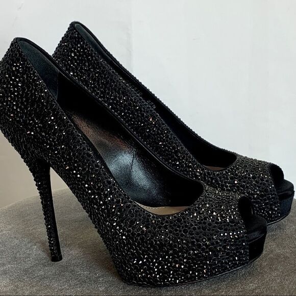Gucci Black Satin Strass Embroidered Sofia Etoile Peep Toe Pumps Size 37.5 🔥 - Picture 4 of 11